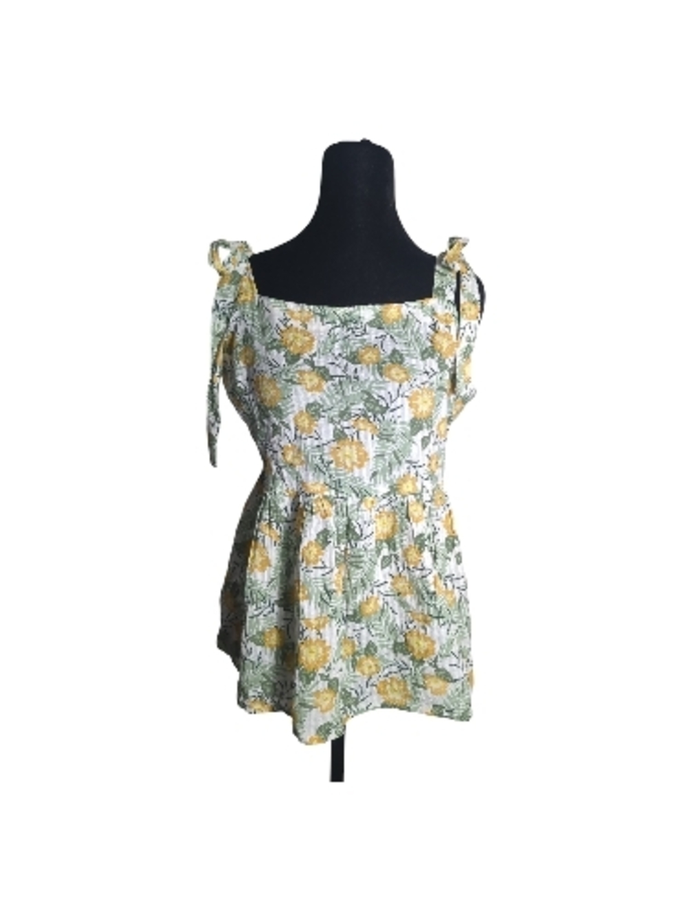 dip XL Green and Yellow Floral Smocked Shoulder Tie Straps Top Milkmaid Coquette